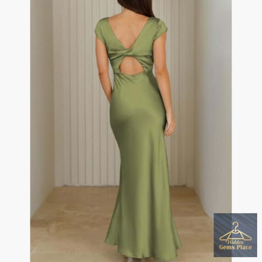 Satin V-Neck Backless Midi Dress with Cap Sleeves and Twist Detail - Picture 2 of 6